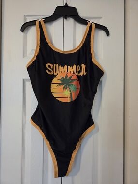 "Summer" Palm Tree Black One-Piece Swimsuit with Orange Trim